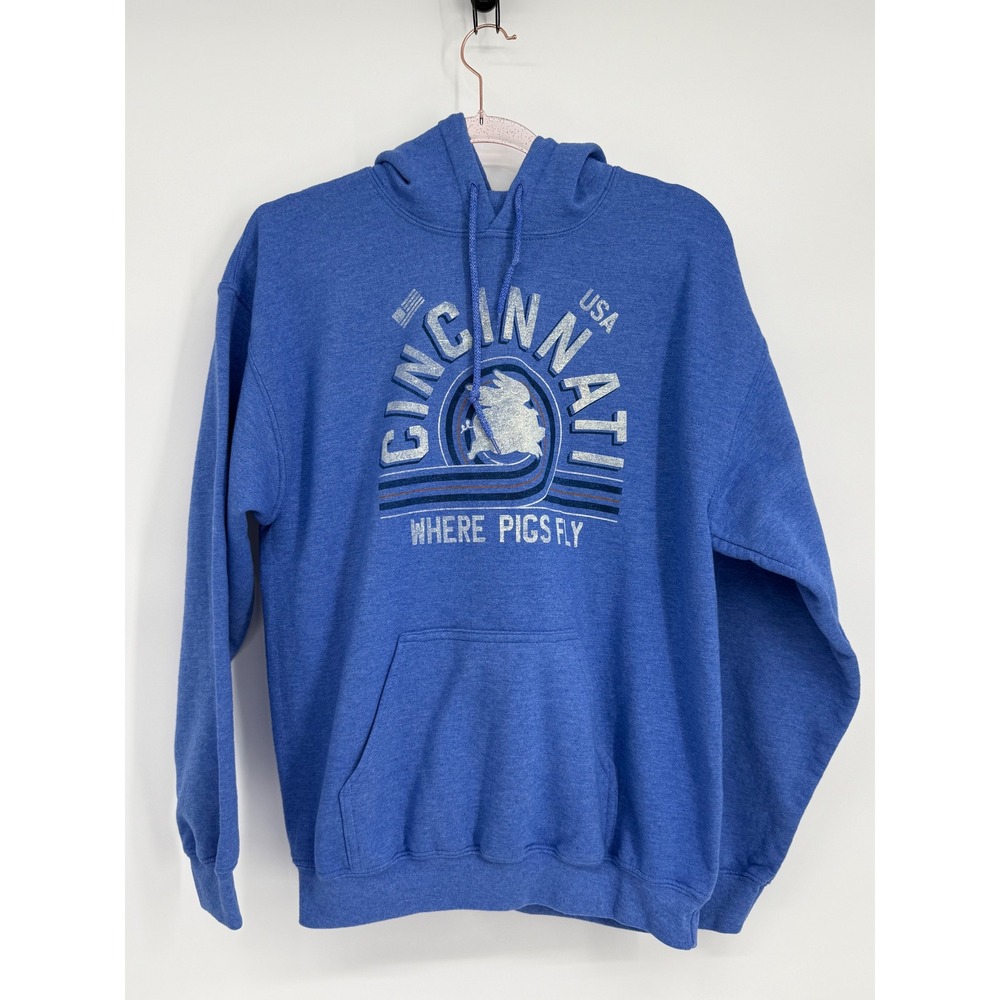 Cincinnati Where Pigs Fly Graphic Hoodie Sweatshirt Pullover Blue Unisex Sz M